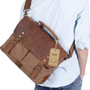 LIFEWIT Men’s Brown Leather & Canvas Messenger Crossbody Laptop Briefcase Bag